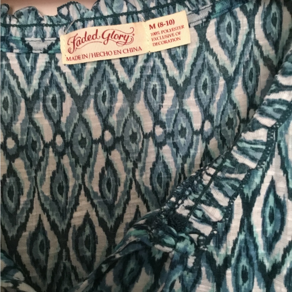 Faded Glory Geometrical Print Blouse Medium Teal Ruffle Short Sleeve Tassels - Picture 2 of 5